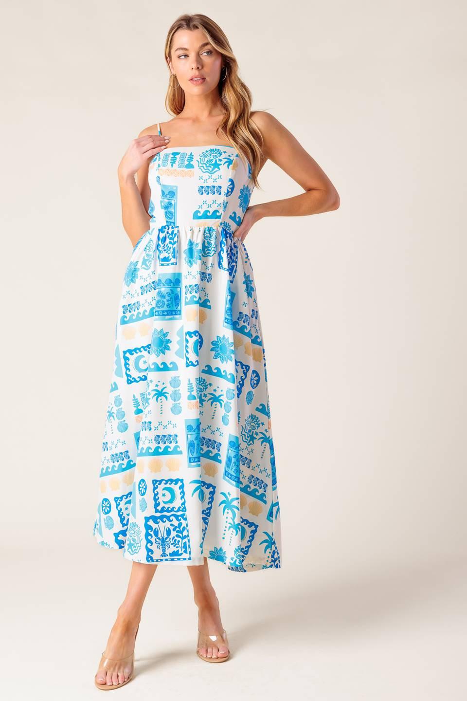 Flower Girl Blue Woven Midi Dress in ivory, view 5 — Soul Flow Apparel