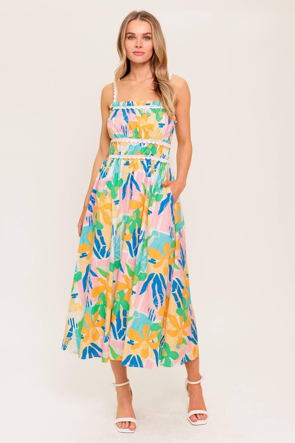 Sunlit Garden Pink Blue Woven Midi Dress, view 1 — Soul Flow Apparel