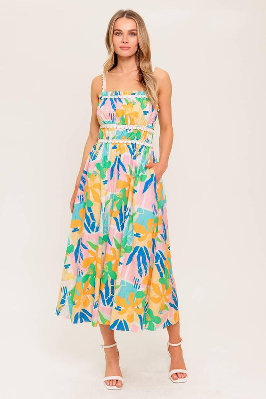 Sunlit Garden Pink Blue Woven Midi Dress, view 1 — Soul Flow Apparel