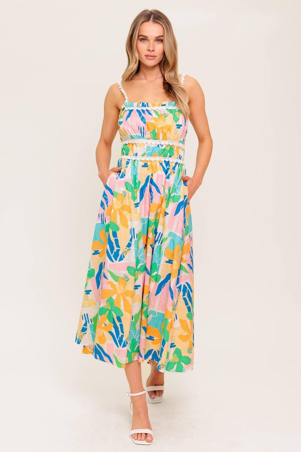 Sunlit Garden Pink Blue Woven Midi Dress, view 3 — Soul Flow Apparel