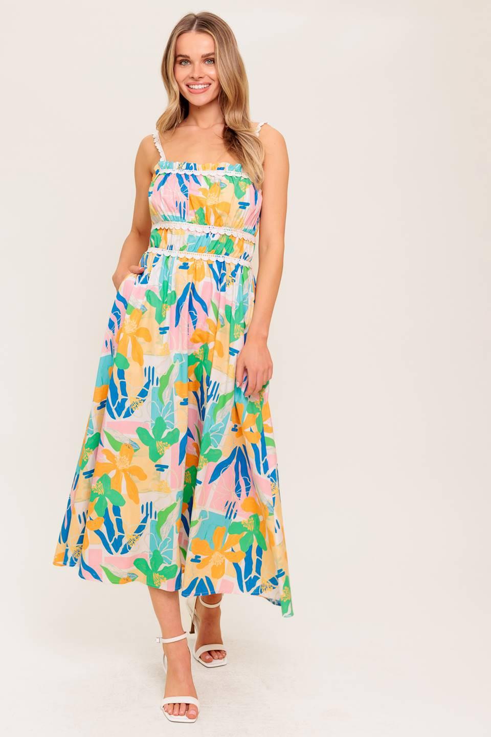 Sunlit Garden Pink Blue Woven Midi Dress, view 4 — Soul Flow Apparel