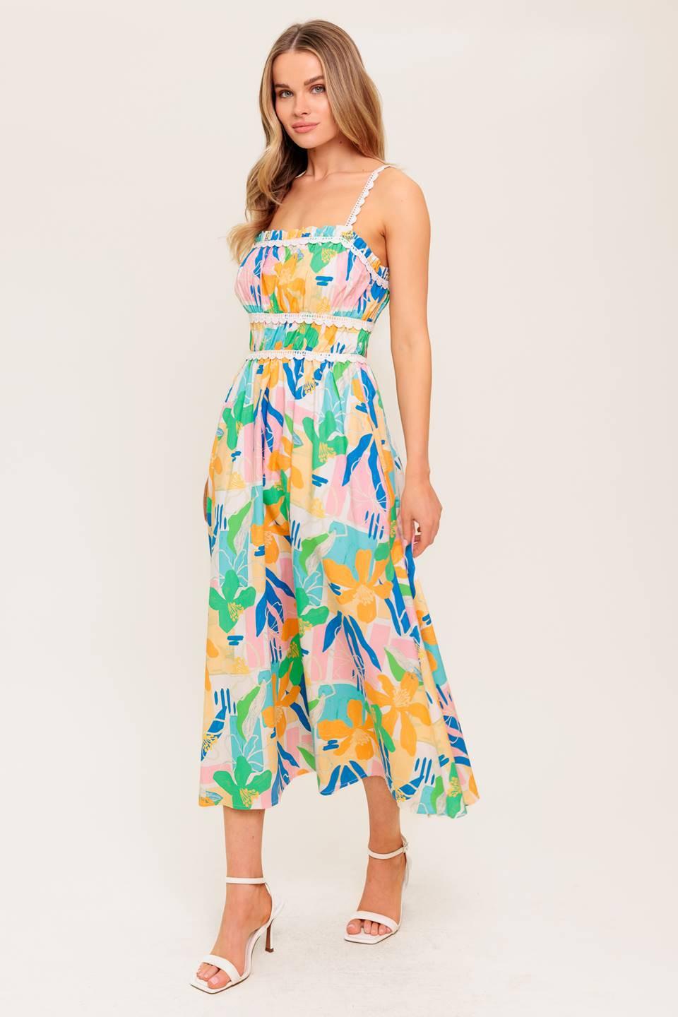 Sunlit Garden Pink Blue Woven Midi Dress, view 5 — Soul Flow Apparel