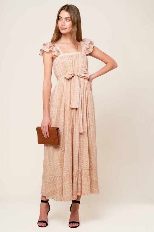 Frolic Through Fields Woven Midi Dress in taupe, view 1 — Soul Flow Apparel