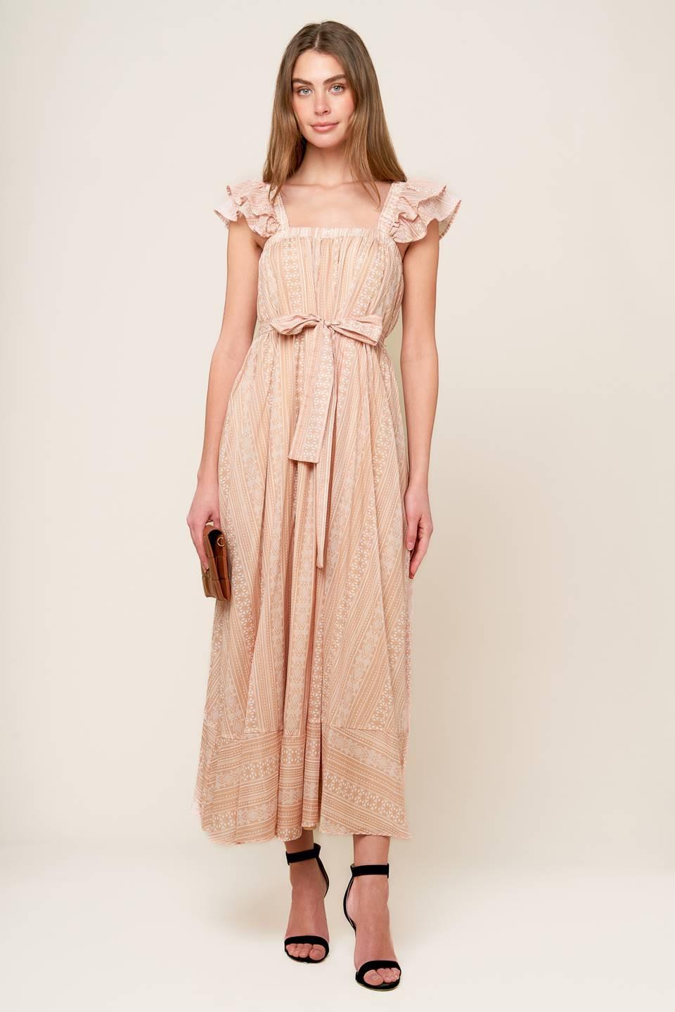 Frolic Through Fields Woven Midi Dress in taupe, view 2 — Soul Flow Apparel