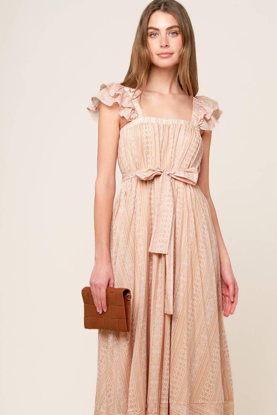 Frolic Through Fields Woven Midi Dress in taupe, view 3 — Soul Flow Apparel
