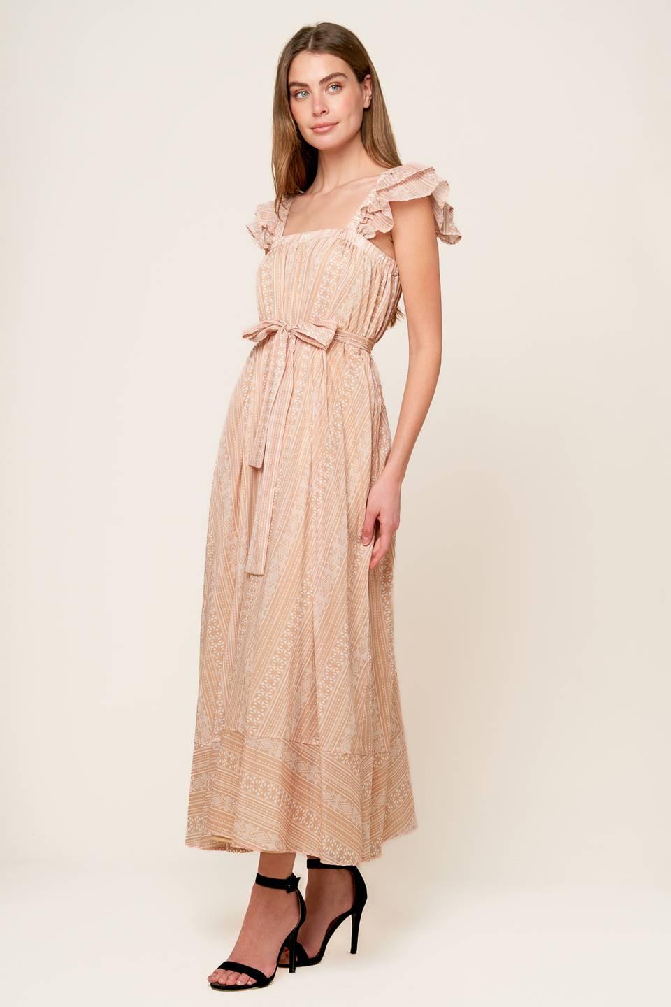 Frolic Through Fields Woven Midi Dress in taupe, view 4 — Soul Flow Apparel