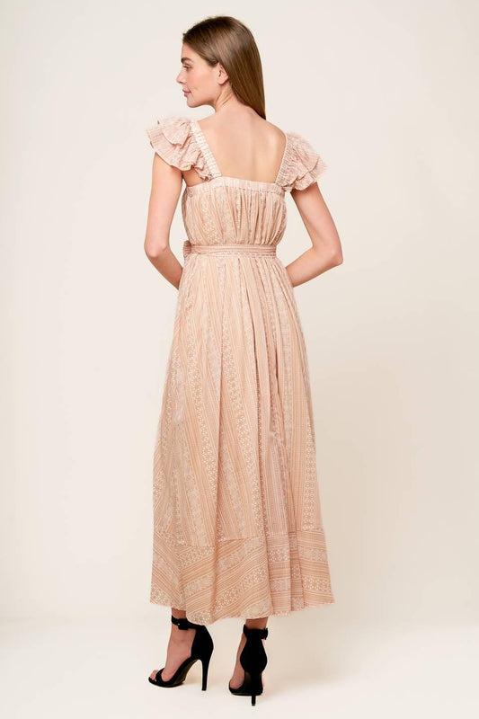 Frolic Through Fields Woven Midi Dress in taupe, view 5 — Soul Flow Apparel