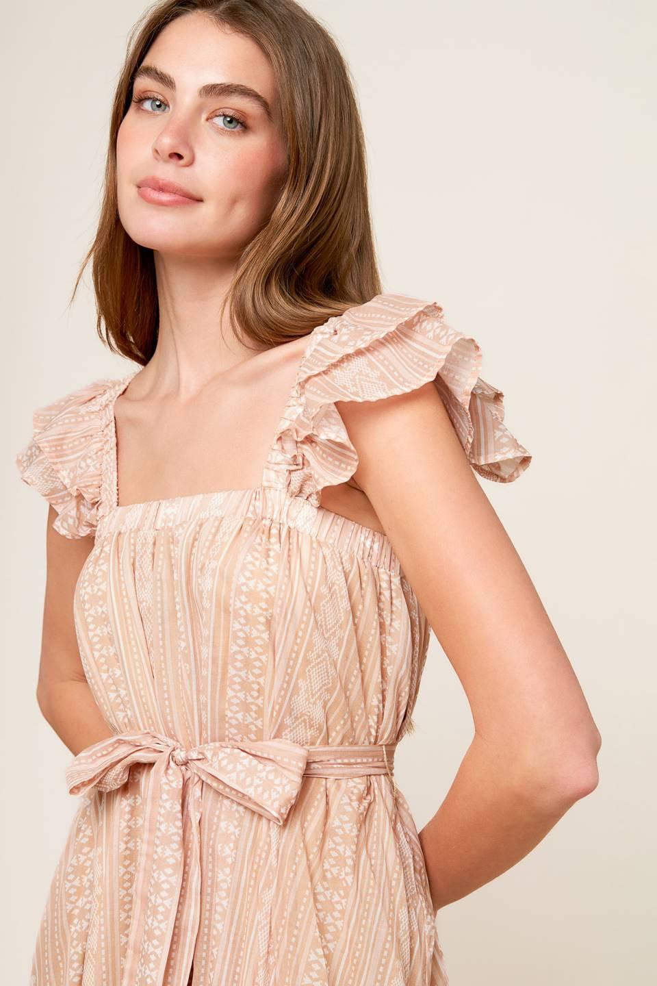 Frolic Through Fields Woven Midi Dress in taupe, view 7 — Soul Flow Apparel
