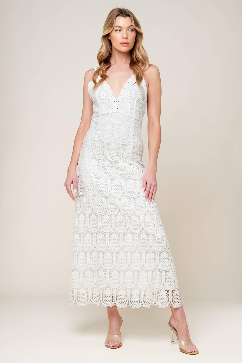 Loving Mentality White Woven Lace Midi Dress in off-white, view 1 — Soul Flow Apparel