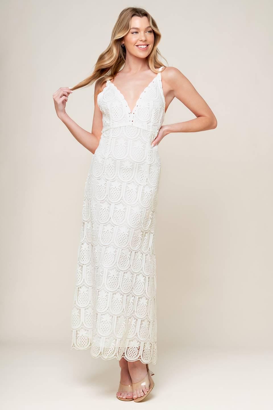 Loving Mentality White Woven Lace Midi Dress in off-white, view 3 — Soul Flow Apparel