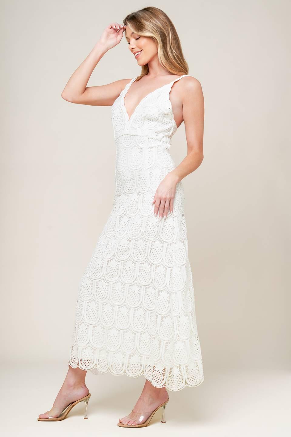 Loving Mentality White Woven Lace Midi Dress in off-white, view 4 — Soul Flow Apparel