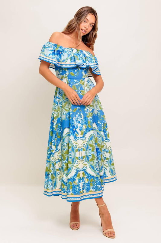 Tropical Haze Powder Blue Woven Midi Dress, view 1 — Soul Flow Apparel