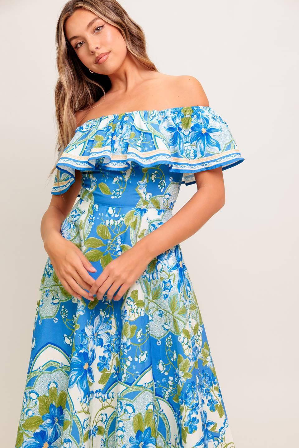 Tropical Haze Powder Blue Woven Midi Dress, view 3 — Soul Flow Apparel