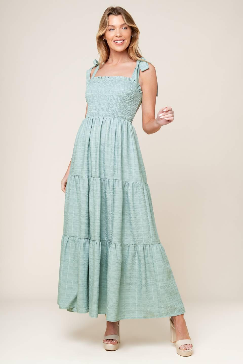Horizons Ahead Woven Maxi Dress in dusty teal, view 2 — Soul Flow Apparel