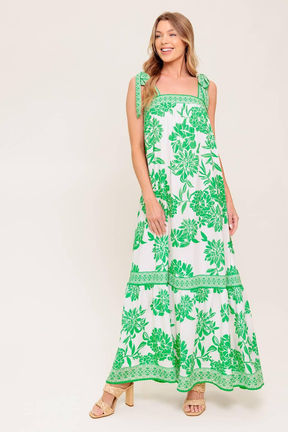 Garden Tales Woven Maxi Dress in ivory green, view 2 — Soul Flow Apparel
