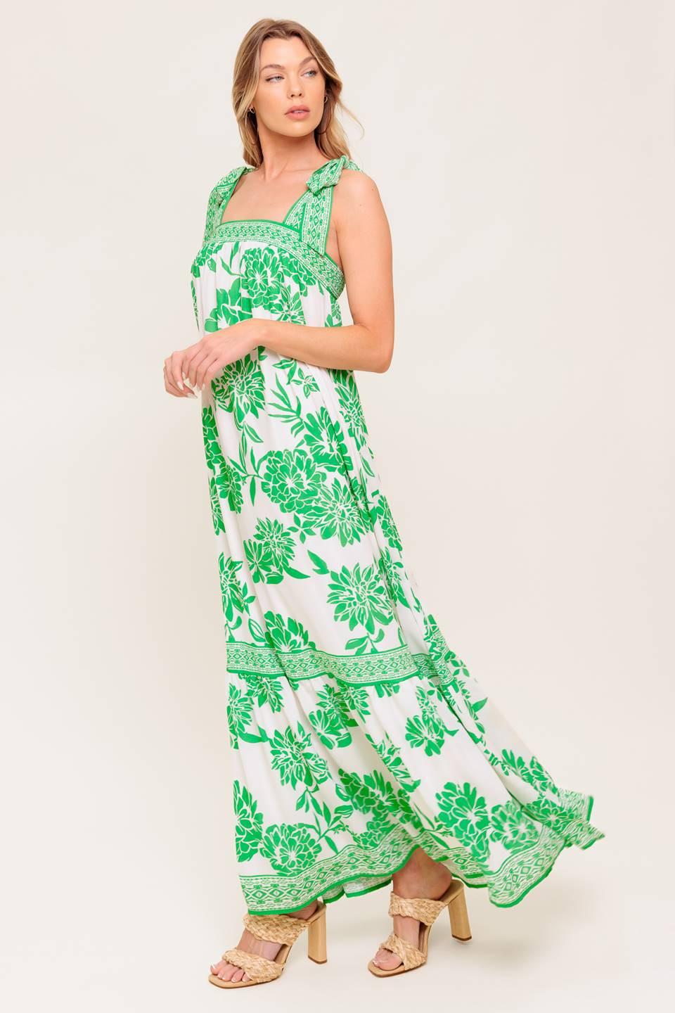Garden Tales Woven Maxi Dress in ivory green, view 3 — Soul Flow Apparel