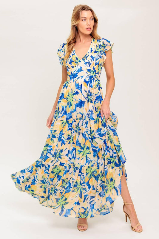 Echoes of You Floral Woven Maxi Dress in navy blue, view 1 — Soul Flow Apparel