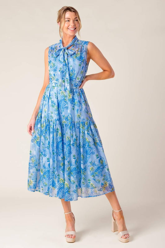 Ever After Power Blue Woven Midi Dress in powder, view 1 — Soul Flow Apparel