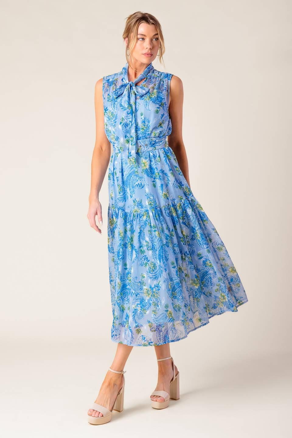 Ever After Power Blue Woven Midi Dress in powder, view 3 — Soul Flow Apparel