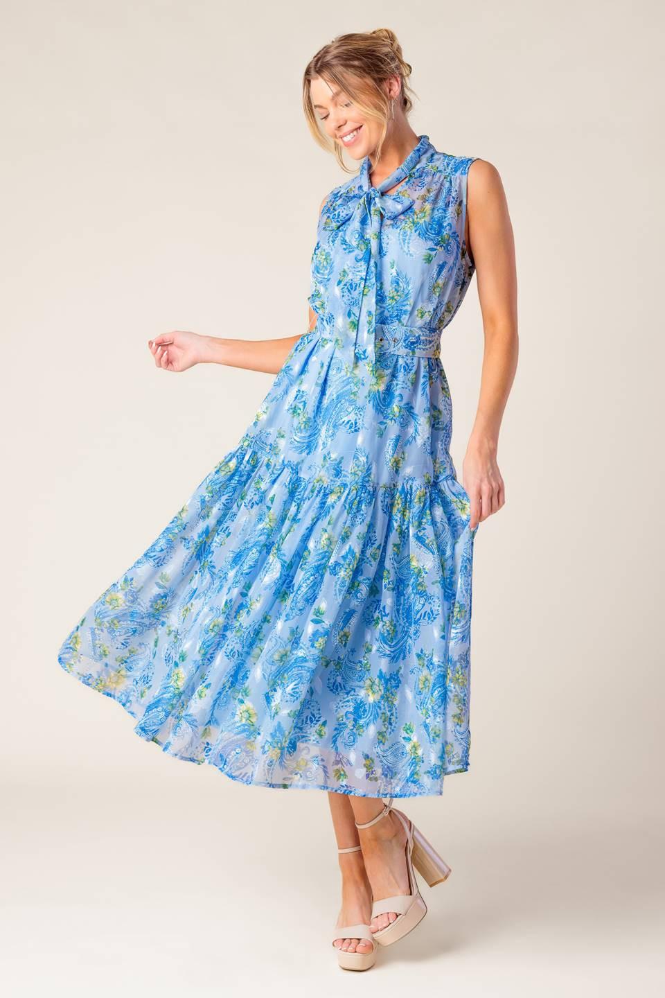 Ever After Power Blue Woven Midi Dress in powder, view 4 — Soul Flow Apparel