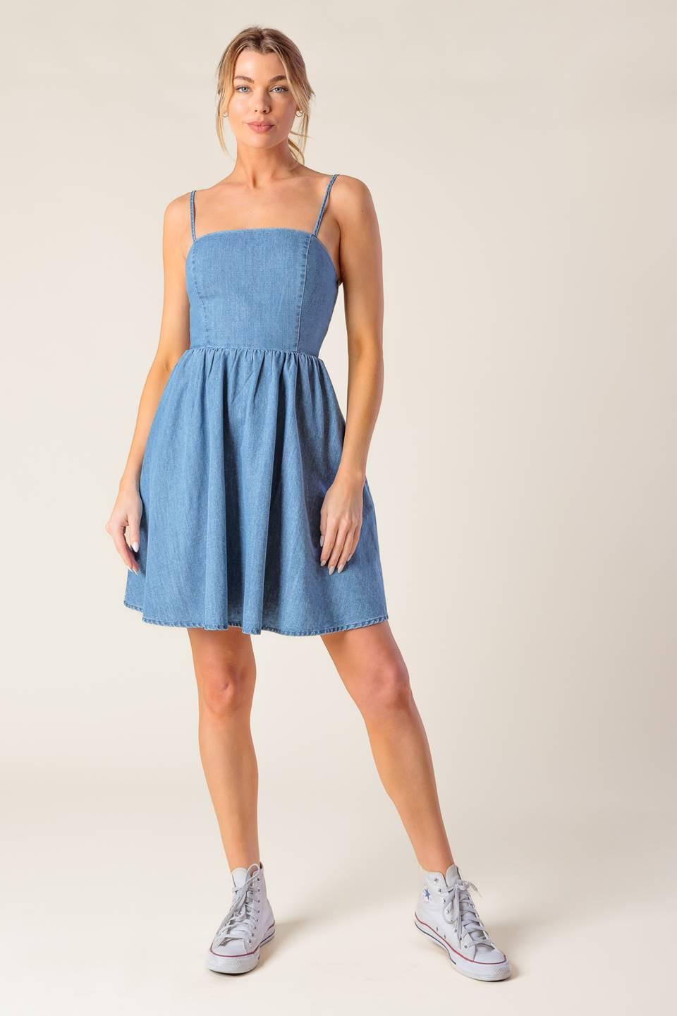 Back in Love Denim Mini Dress in light indigo, view 1 — Soul Flow Apparel