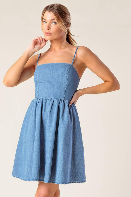 Back in Love Denim Mini Dress in light indigo, view 2 — Soul Flow Apparel
