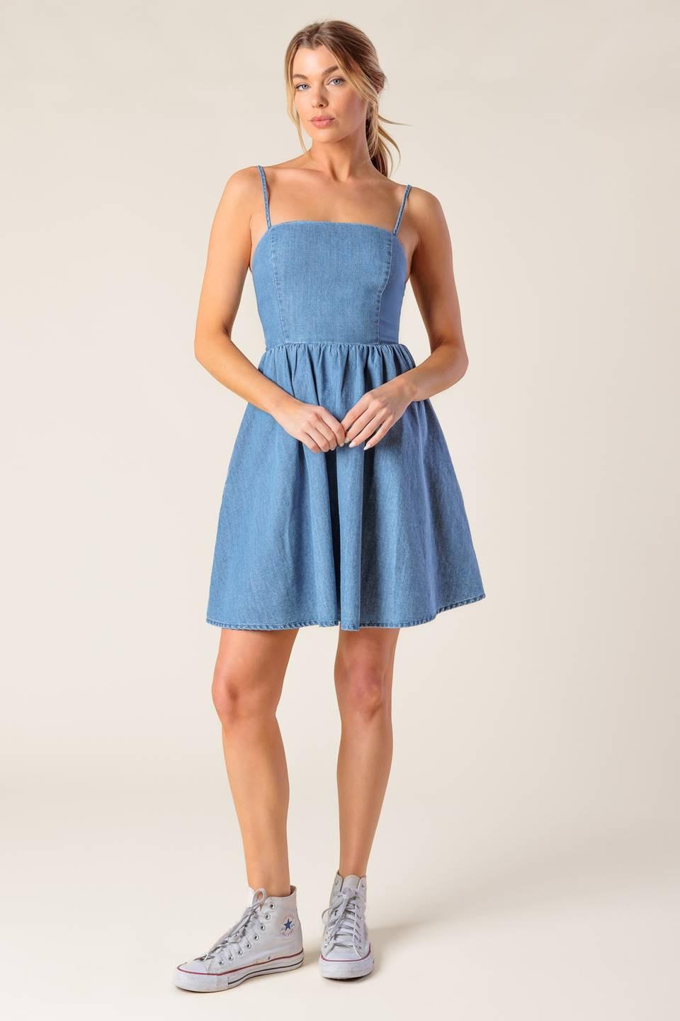 Back in Love Denim Mini Dress in light indigo, view 3 — Soul Flow Apparel