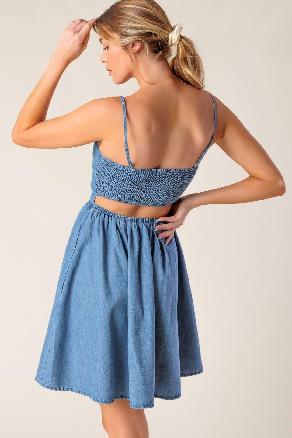 Back in Love Denim Mini Dress in light indigo, view 5 — Soul Flow Apparel