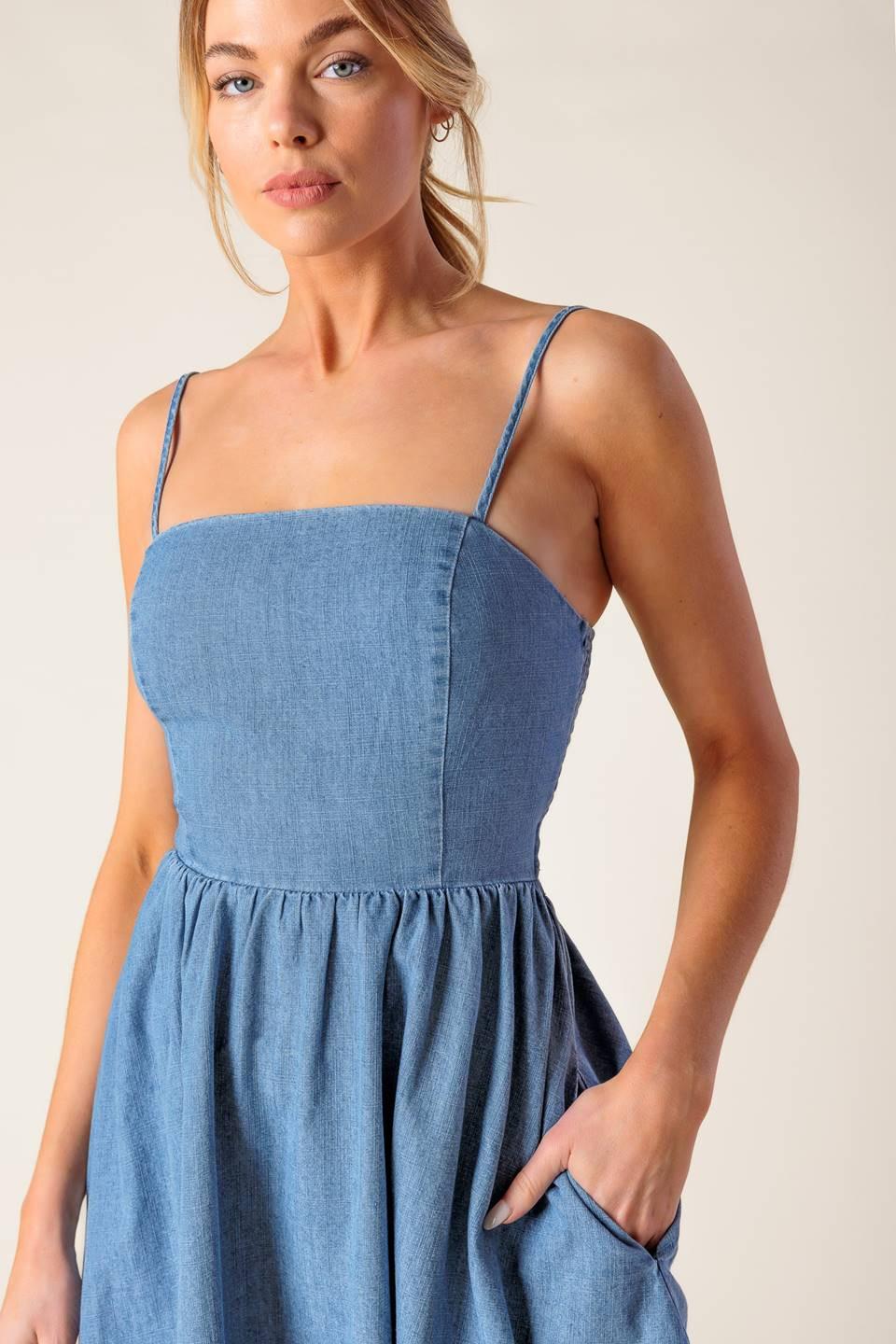 Back in Love Denim Mini Dress in light indigo, view 6 — Soul Flow Apparel