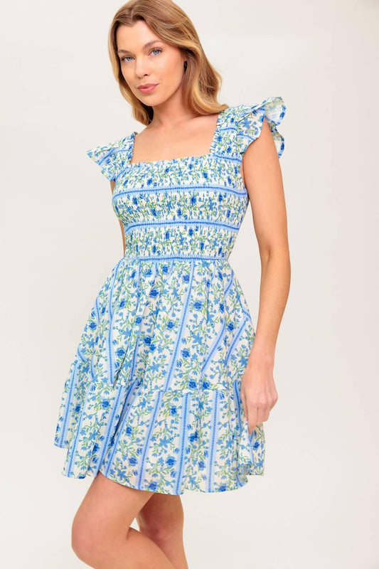 Fairfax Geranium Woven Mini Dress in ivory blue, view 3 — Soul Flow Apparel