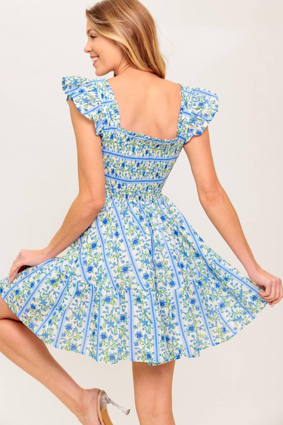 Fairfax Geranium Woven Mini Dress in ivory blue, view 5 — Soul Flow Apparel