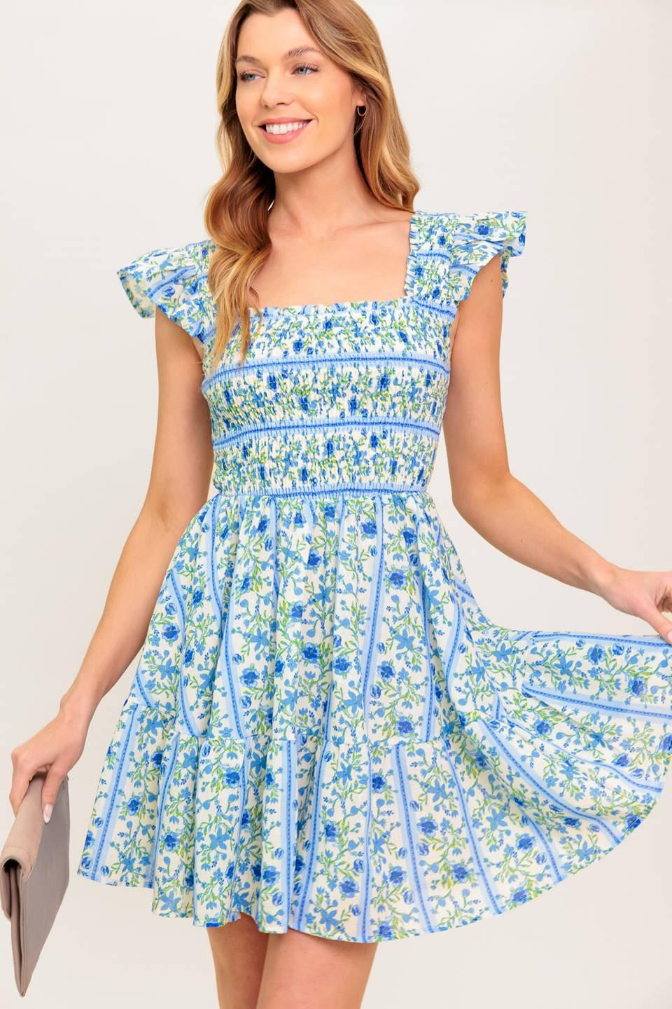 Fairfax Geranium Woven Mini Dress in ivory blue, view 7 — Soul Flow Apparel