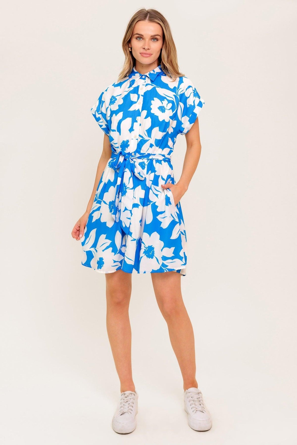 Citrus Crush Blue Woven Mini Dress in ivory, view 1 — Soul Flow Apparel