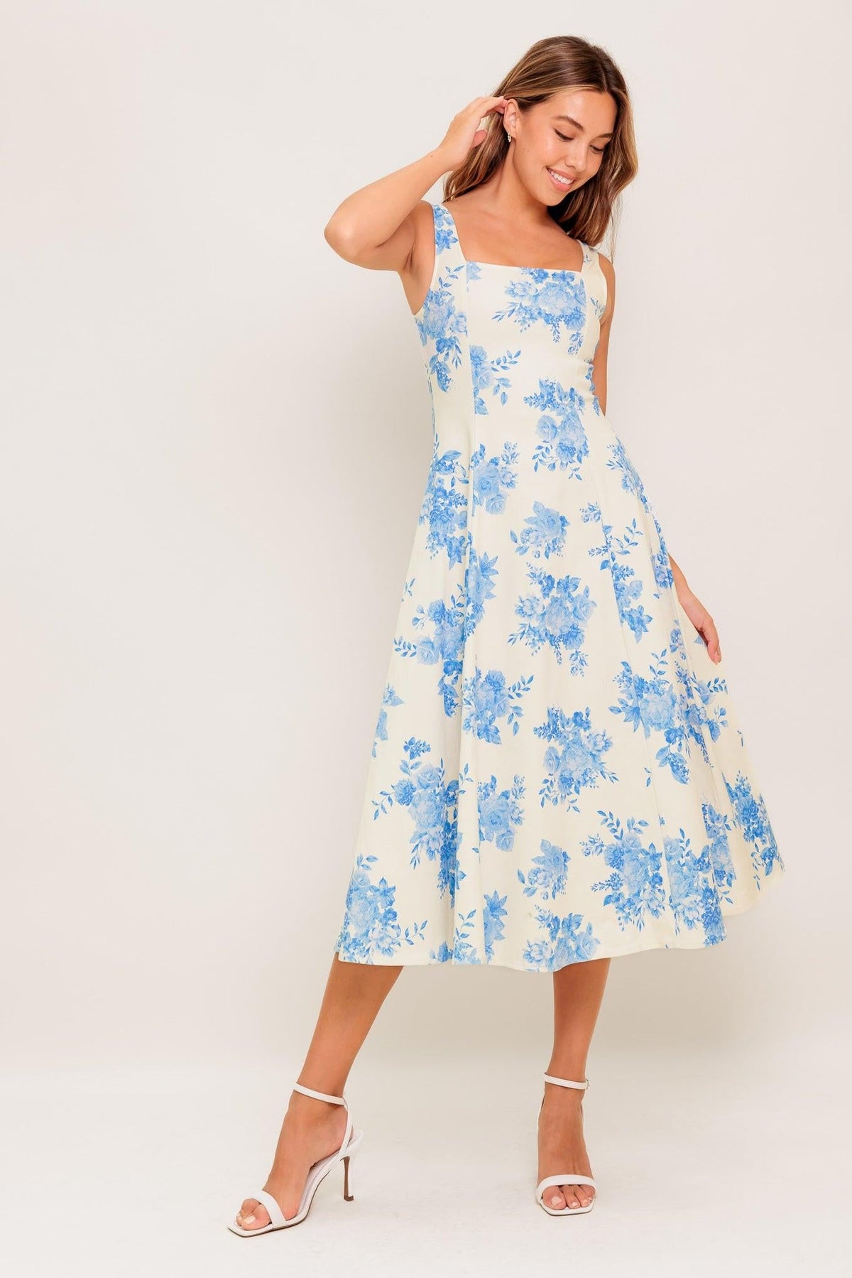 Bluebell Breeze Woven Midi Dress in ivory blue, view 1 — Soul Flow Apparel