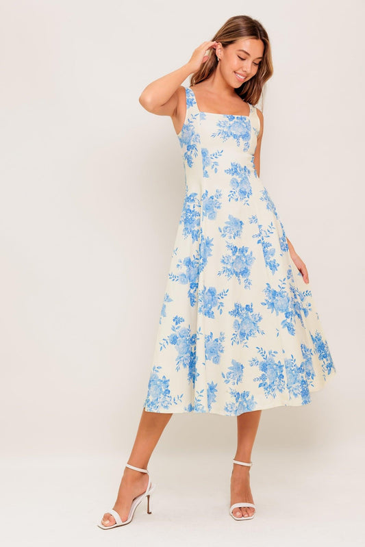 Bluebell Breeze Woven Midi Dress in ivory blue, view 1 — Soul Flow Apparel
