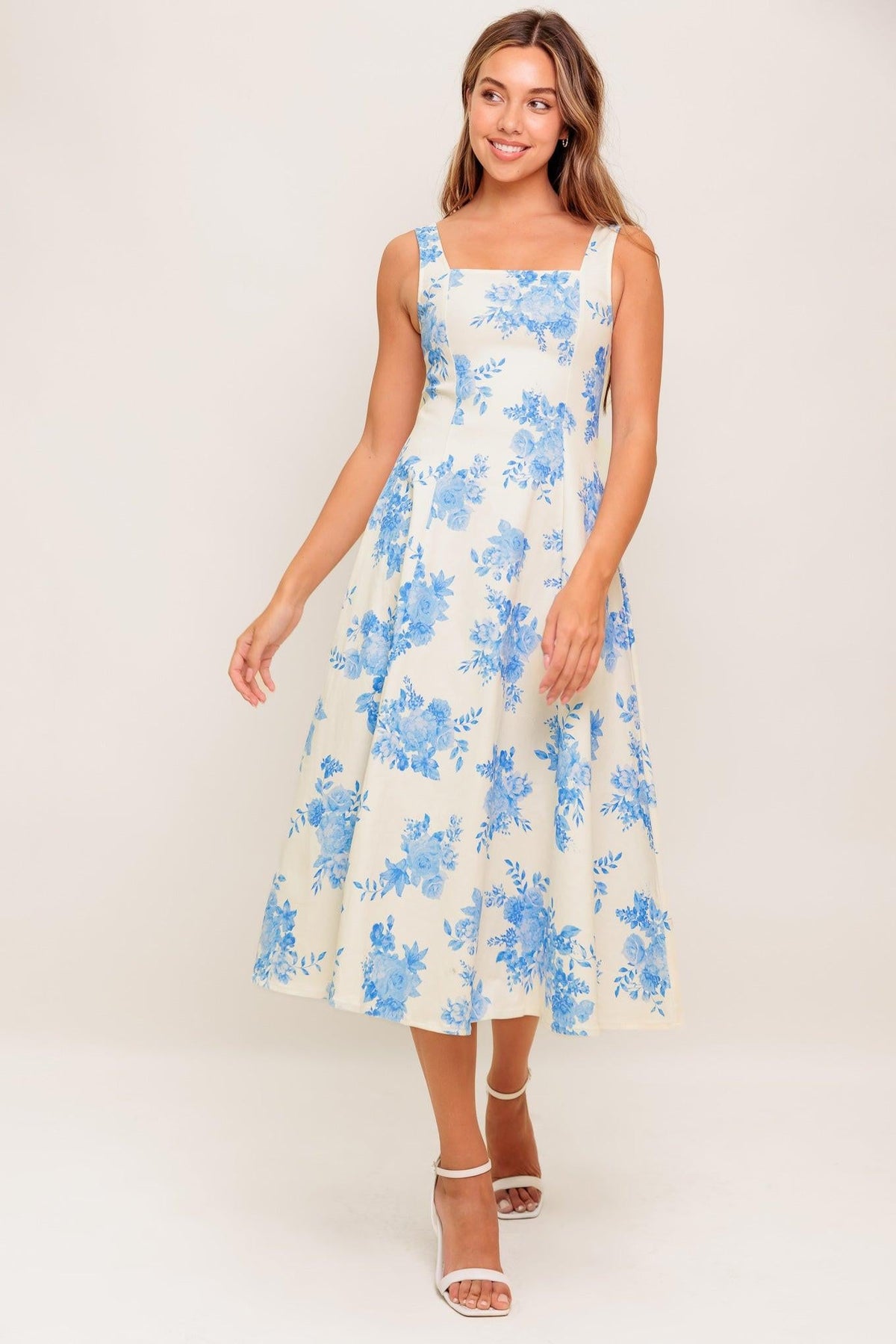 Bluebell Breeze Woven Midi Dress in ivory blue, view 2 — Soul Flow Apparel
