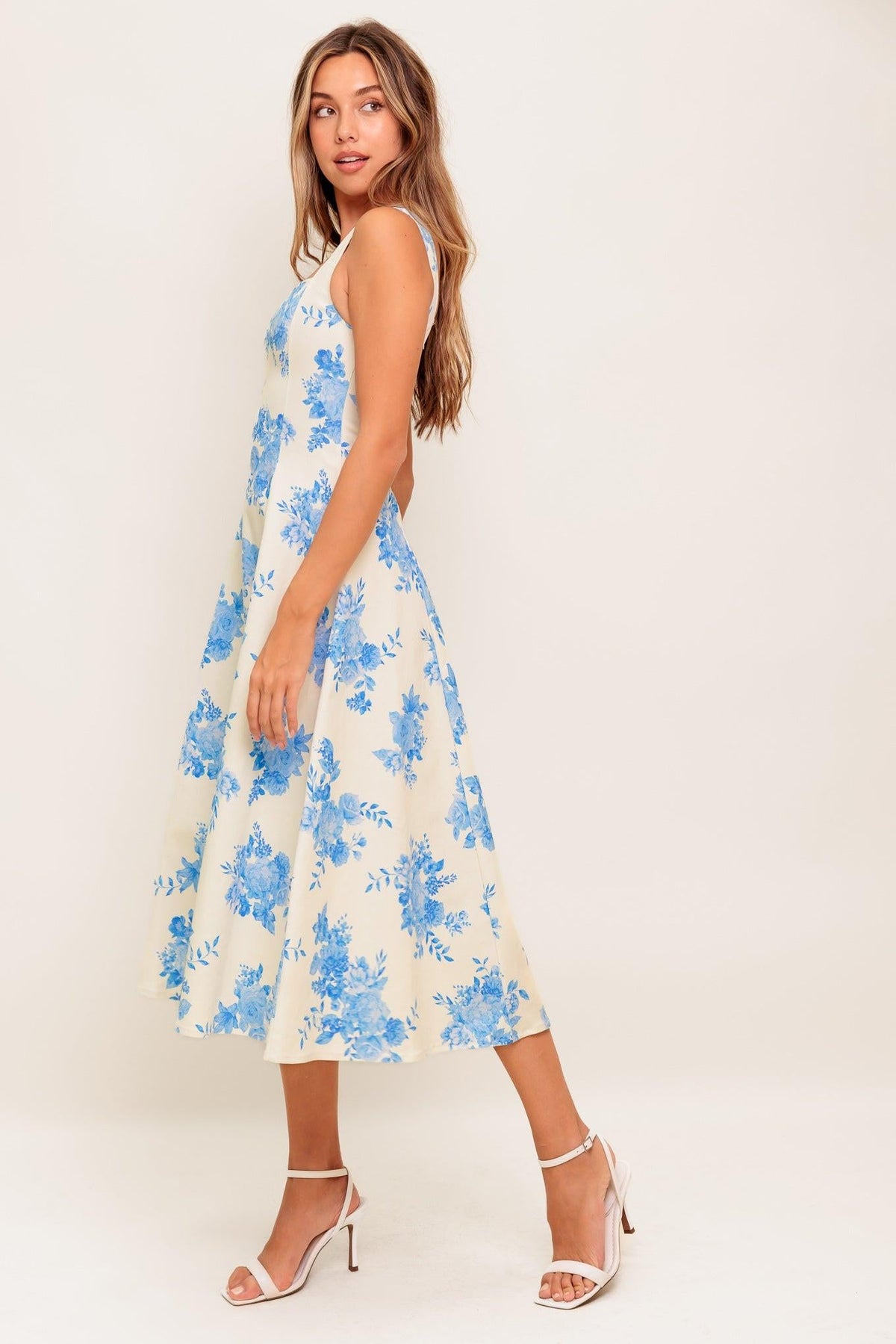 Bluebell Breeze Woven Midi Dress in ivory blue, view 3 — Soul Flow Apparel