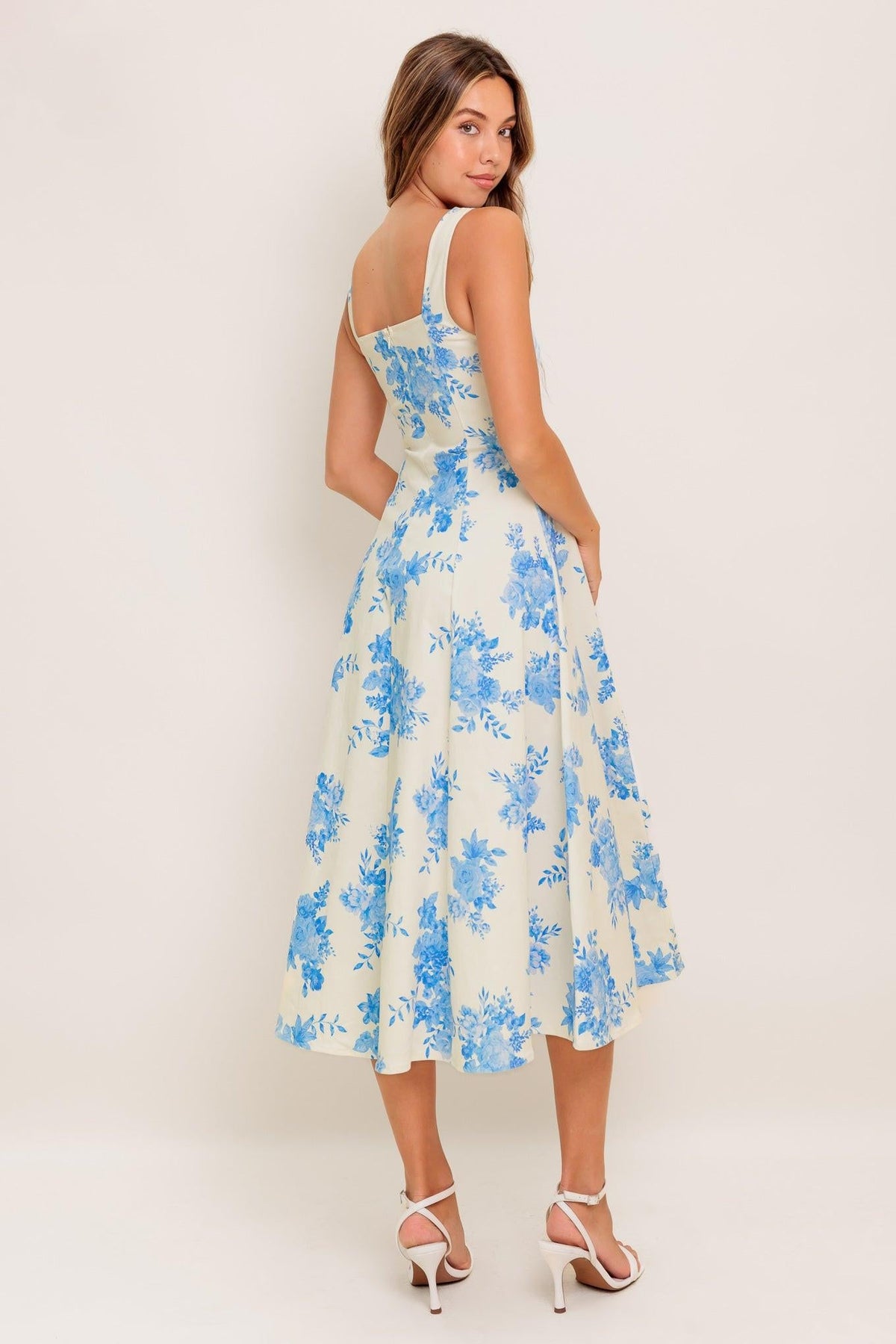 Bluebell Breeze Woven Midi Dress in ivory blue, view 4 — Soul Flow Apparel