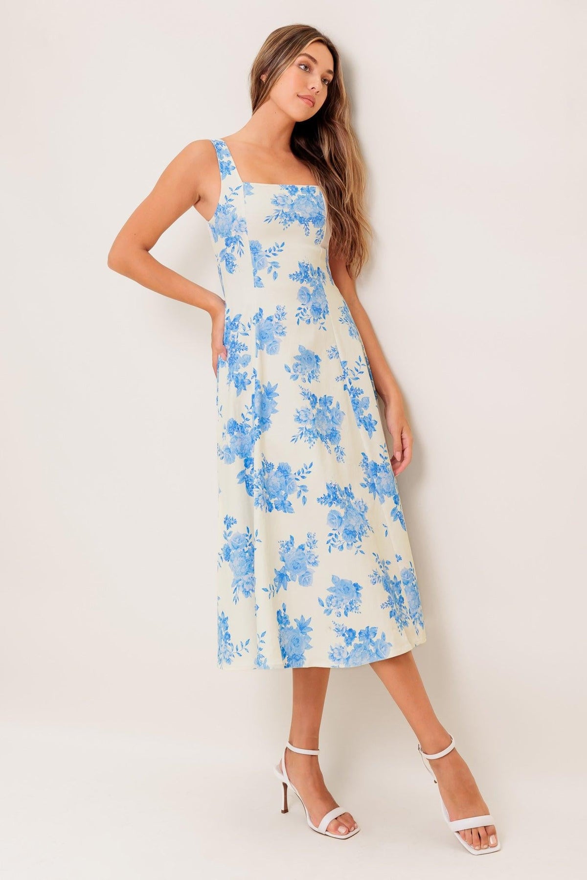 Bluebell Breeze Woven Midi Dress in ivory blue, view 5 — Soul Flow Apparel