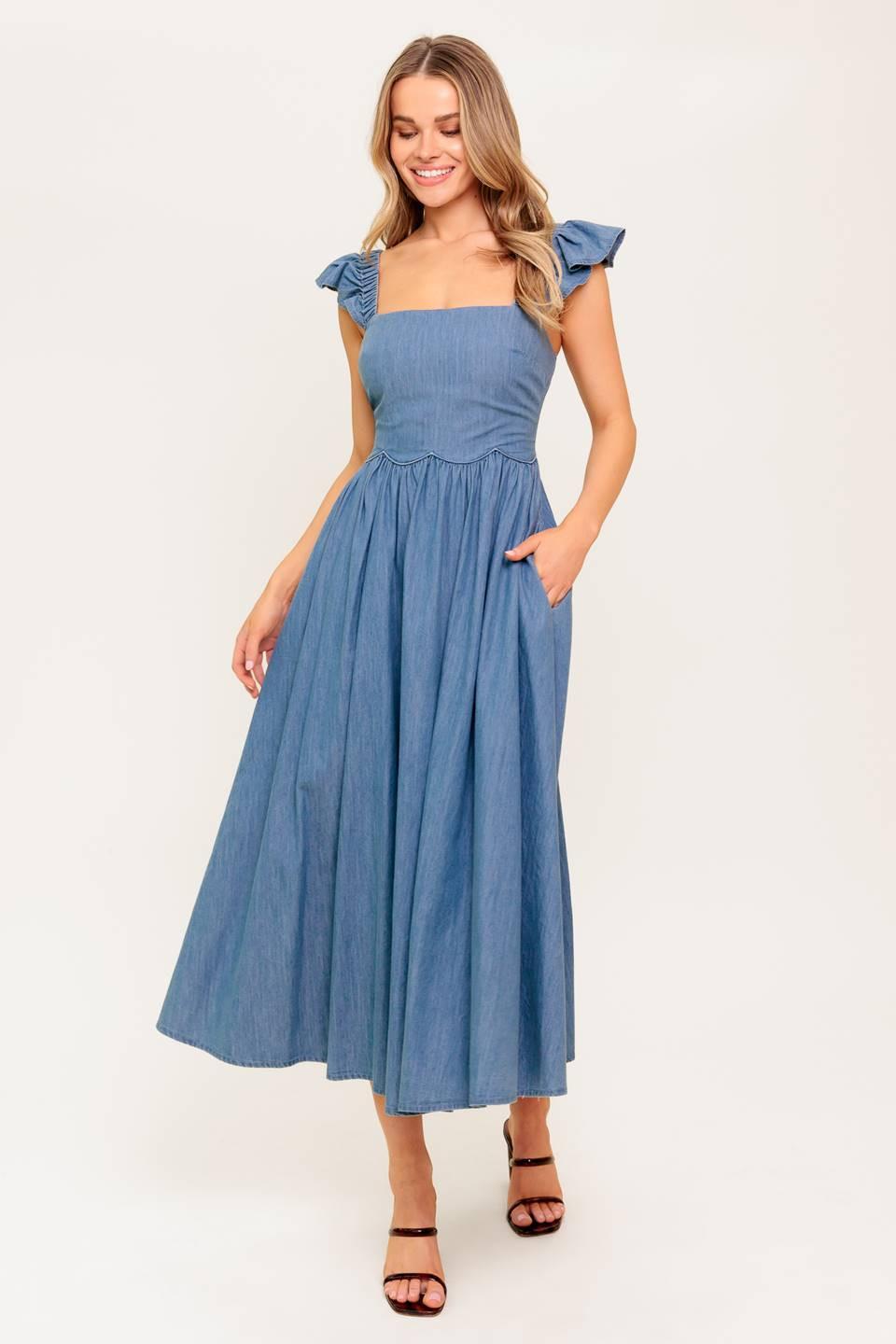 Driftwood Petal Chambray Midi Dress in indigo, view 1 — Soul Flow Apparel