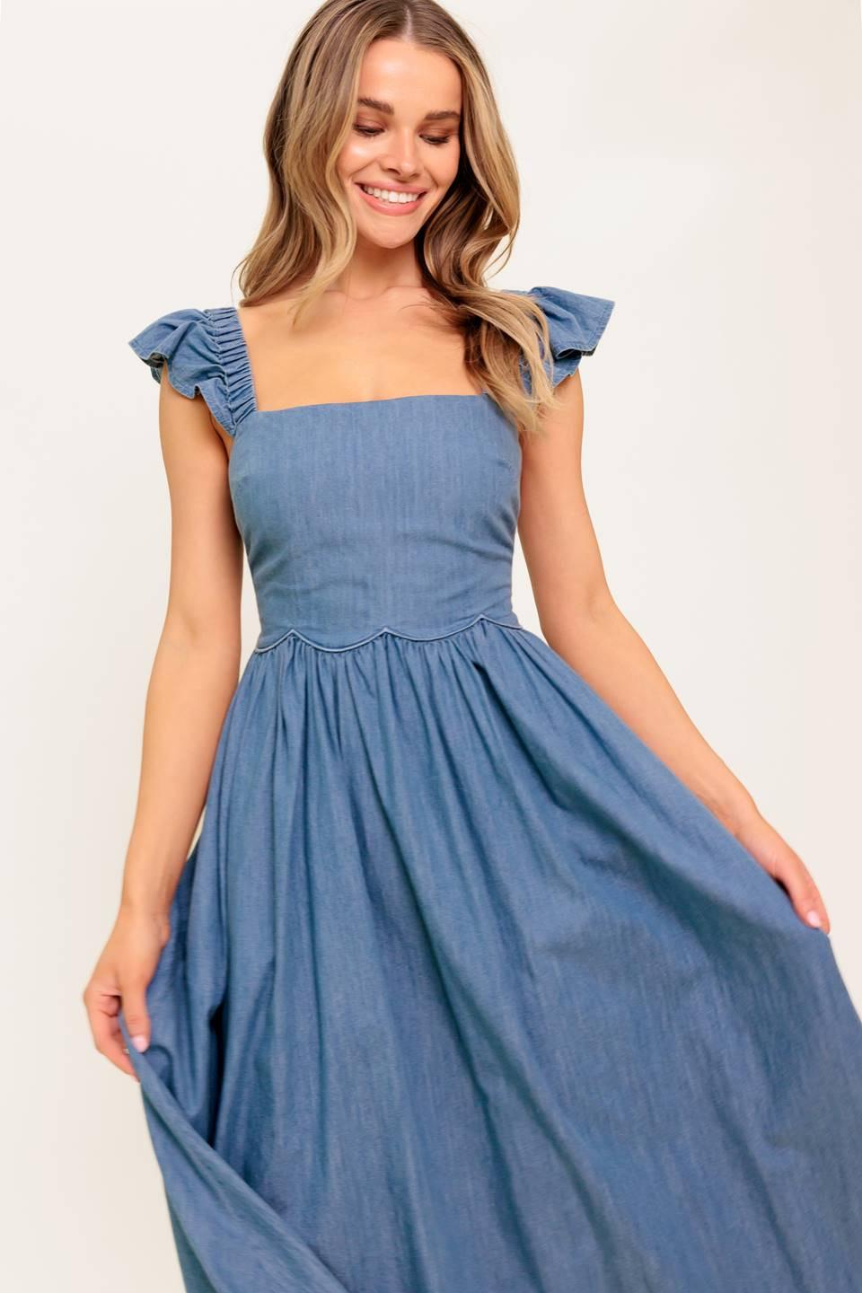 Driftwood Petal Chambray Midi Dress in indigo, view 3 — Soul Flow Apparel