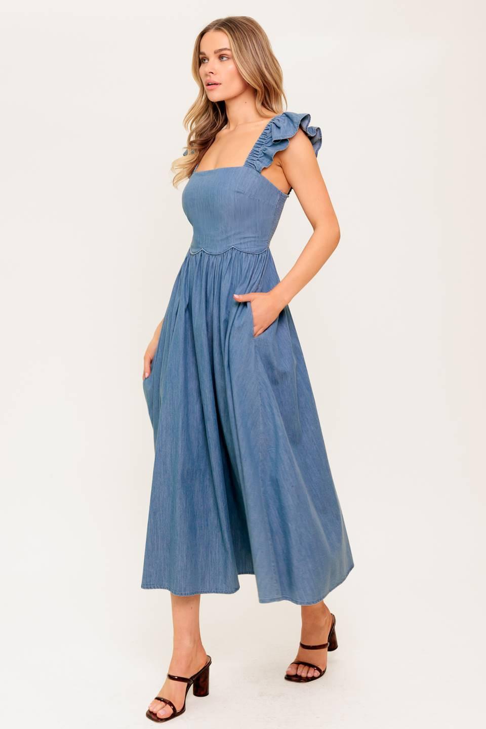 Driftwood Petal Chambray Midi Dress in indigo, view 4 — Soul Flow Apparel