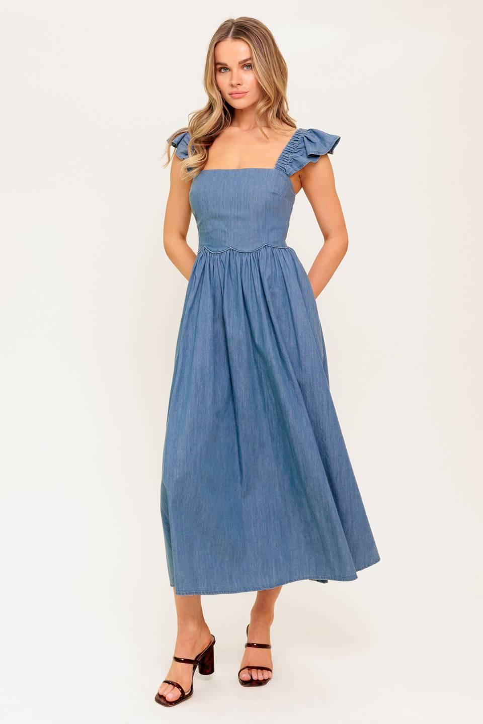 Driftwood Petal Chambray Midi Dress in indigo, view 5 — Soul Flow Apparel