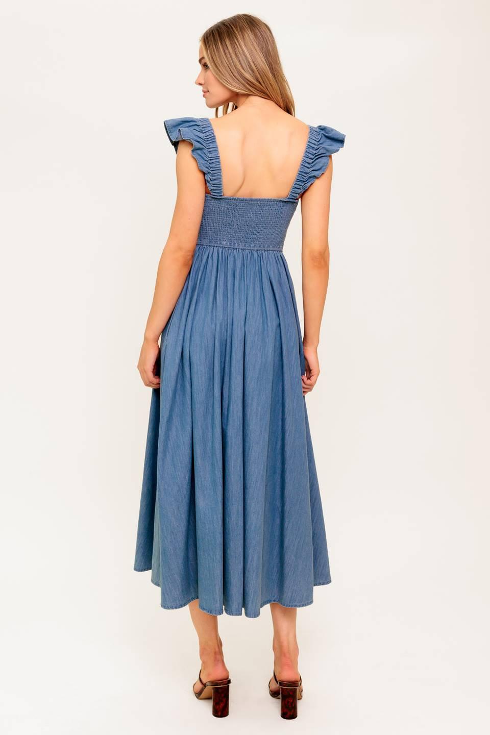 Driftwood Petal Chambray Midi Dress in indigo, view 6 — Soul Flow Apparel