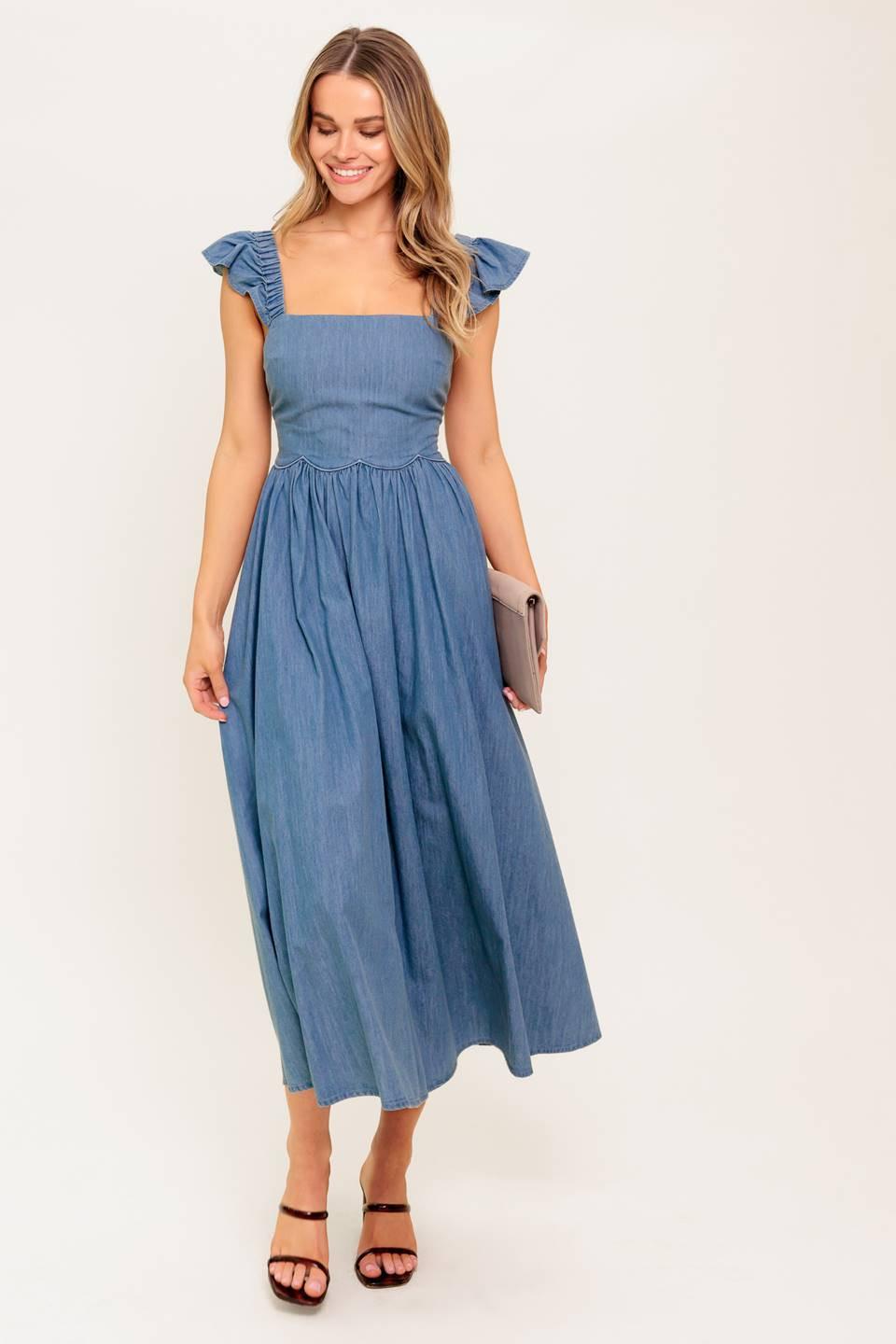 Driftwood Petal Chambray Midi Dress in indigo, view 7 — Soul Flow Apparel