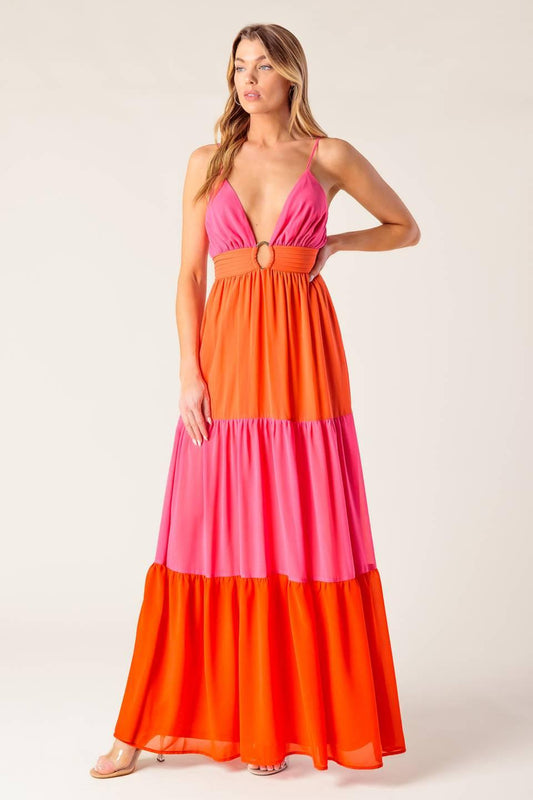 Regal Rise Woven Color Blocked Maxi Dress in fuchsia coral red, view 1 — Soul Flow Apparel