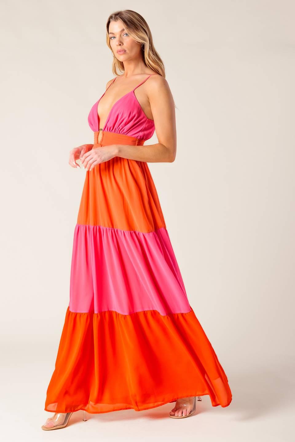 Regal Rise Woven Color Blocked Maxi Dress in fuchsia coral red, view 2 — Soul Flow Apparel
