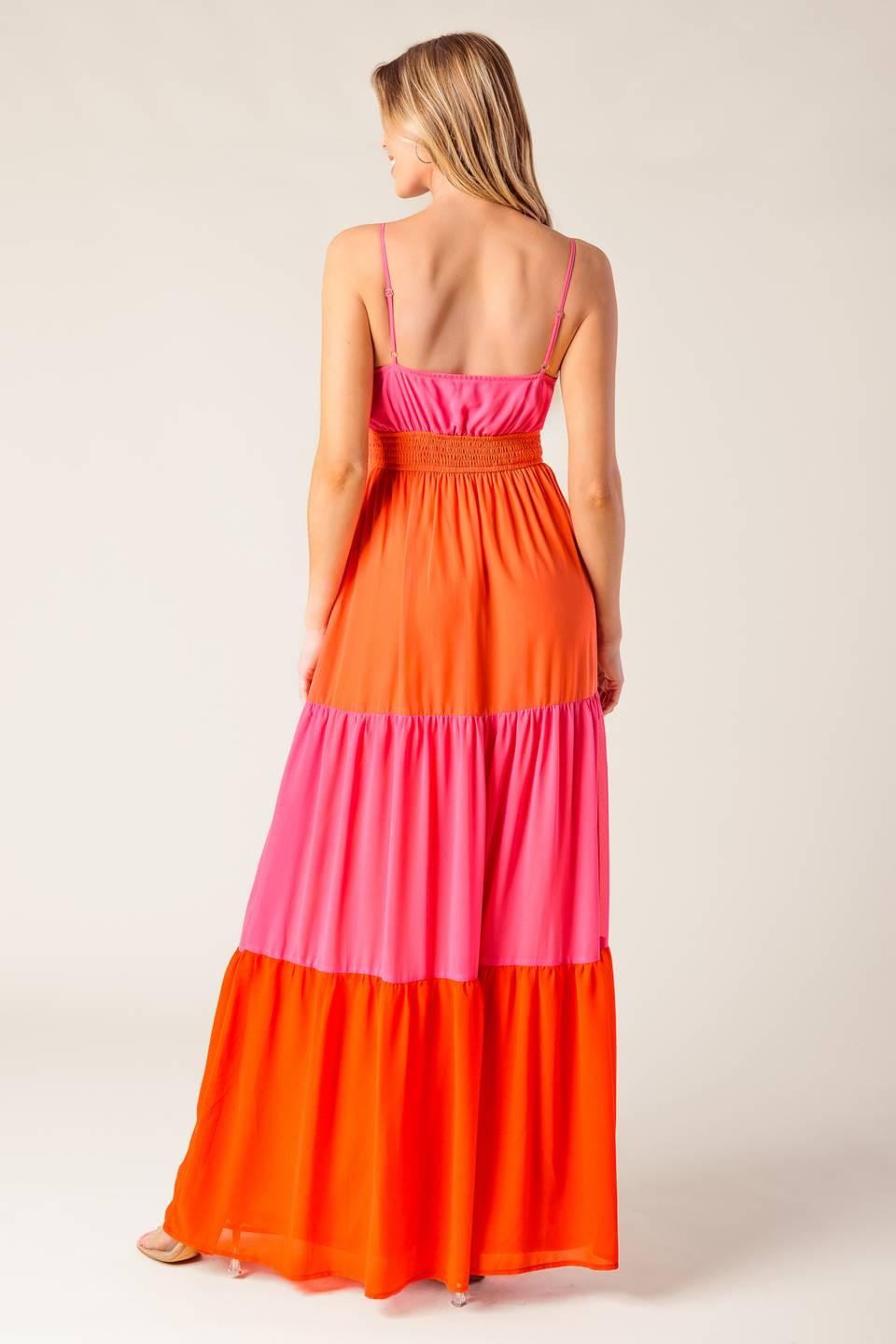 Regal Rise Woven Color Blocked Maxi Dress in fuchsia coral red, view 3 — Soul Flow Apparel