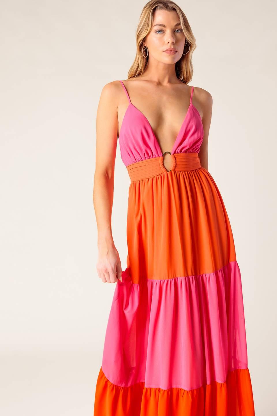 Regal Rise Woven Color Blocked Maxi Dress in fuchsia coral red, view 4 — Soul Flow Apparel