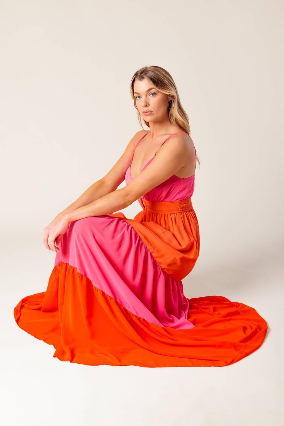 Regal Rise Woven Color Blocked Maxi Dress in fuchsia coral red, view 6 — Soul Flow Apparel
